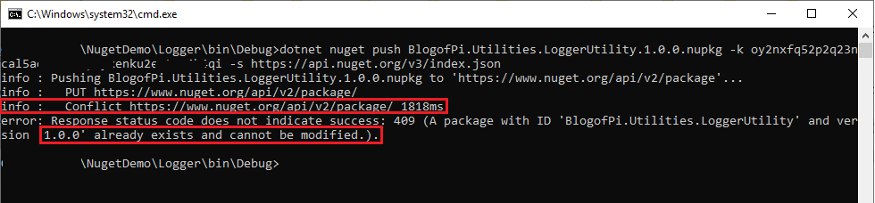 Conflict error on Nuget Push from Commandline
